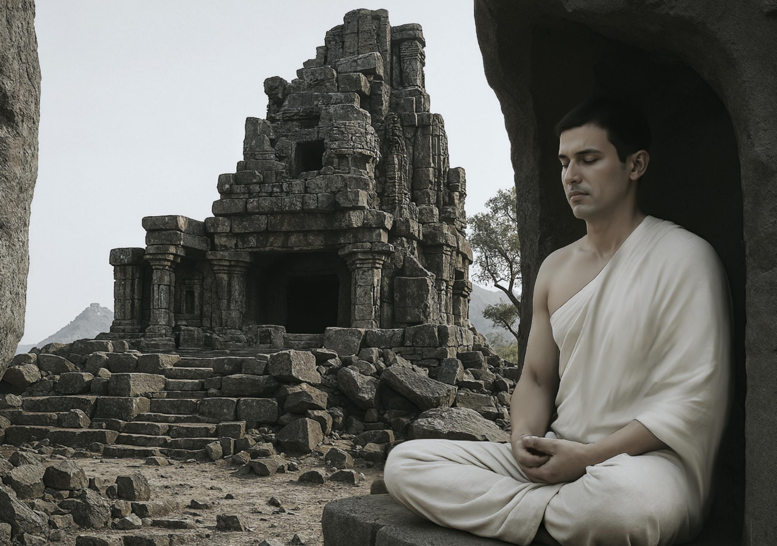 A sadhak in meditation beside ancient stone ruins at Anjaneri