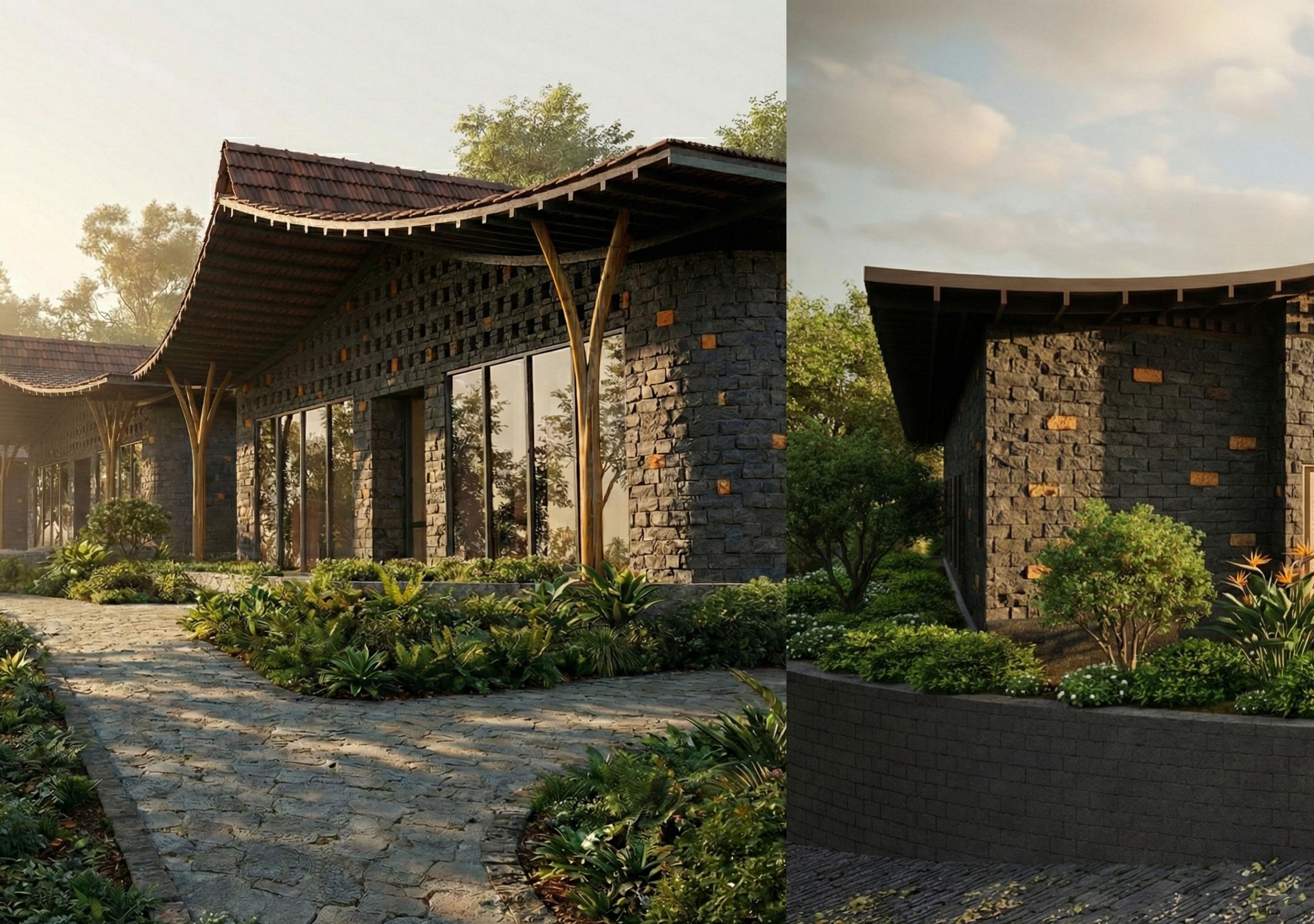 Pasag Vihar stone architecture with tiled roof and lush planting