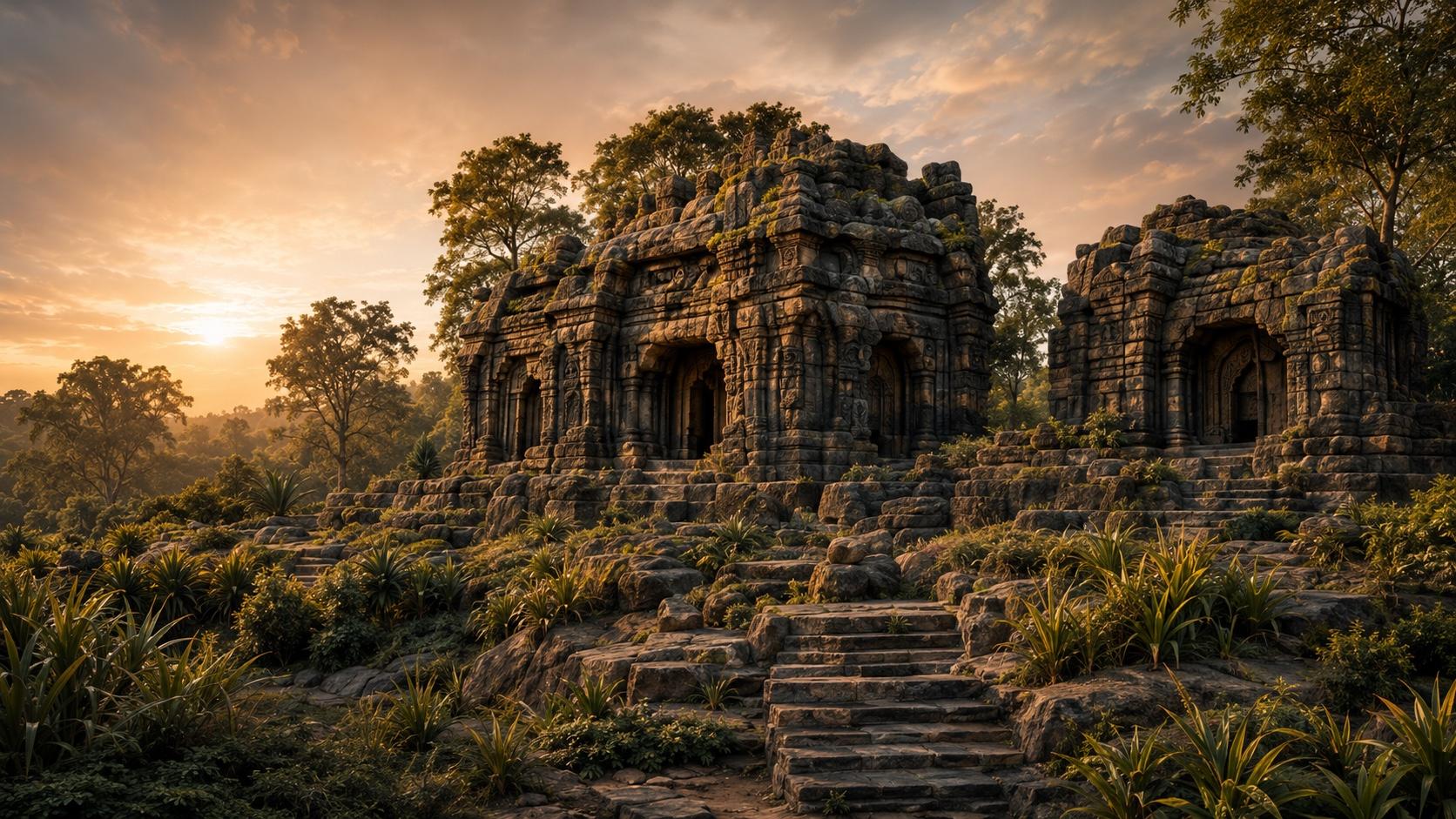 The ancient jinalaya ruins of Anjaneri at sunset